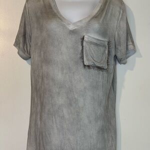 POL Acid Wash V-Neck Top with Decorative Pocket